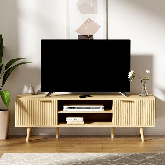 YLGJ&TIDY Modern Wood TV Stand Up to 60'',Universal Entertainment Center with 3-Tier Shelves,TV Console with Cabinets Storage,Wood Frame Television Stand (Oak)
