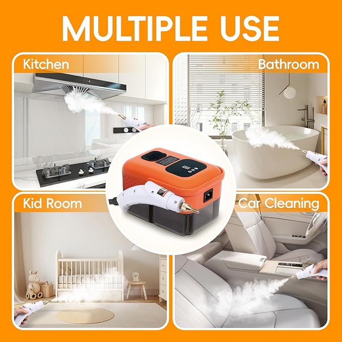 Heavy Duty Handheld Steam Cleaner, 15s Heat-Up, 9-Level Adjustable 2500W Pressurized Steamer for Cleaning with 14 Accessories, Multipurpose Portable Steam Cleanr for Home, Car, Grease, Grout（Orange）