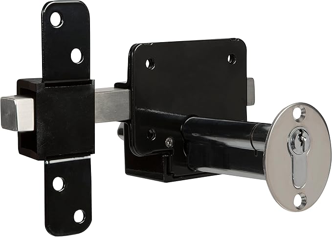 GateMate Long Throw Gate Lock 1490096, Euro Profile Keyed Both Sides Gate Lock for Sheds, Gates & Garage Doors, 316 Stainless Steel, for Wooden Gates & Doors Up to 2 ¾” Thick (70mm), Black, 5 Keys
