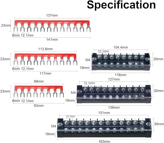 MILAPEAK Terminal Block and Strip - 6 Sets 8/10/12 Positions 600V 25A Dual Row Wire Screw Terminal Strip Block with Cover + 400V 25A Pre-Insulated Terminals Barrier Strips Jumpers (Black & Red)