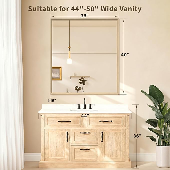 Oak Wood Effect Framed Wall Mirror, 36x40 Rectangle Mirror, Anti-desilvering Tempered Glass, Sustainable& Sturdy Frame, Anti-Rust, HD Reflection &3min Fast Setup for Bathroom Living Room