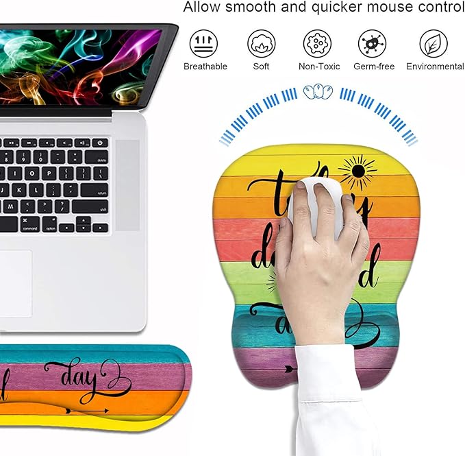 Mouse Pad Wrist Support and Keyboard Wrist Rest Set with Coasters, Today is a Good Day to Have a Good Day Inspirational Quote with Non-Slip PU Base Ergonomic Mousepad for Computer Laptop Home Office