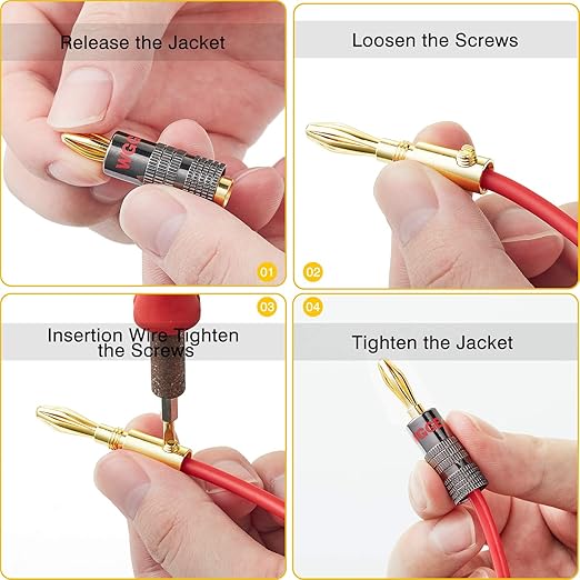 WGGE WG-029 Banana Plugs Audio Jack Connector, 24k Gold Dual Screw Lock Speaker Connector for Speaker Wire, Wall Plate, Home Theater, Audio/Video Receiver, and Sound Systems ((12 Pairs (24 Plugs)))