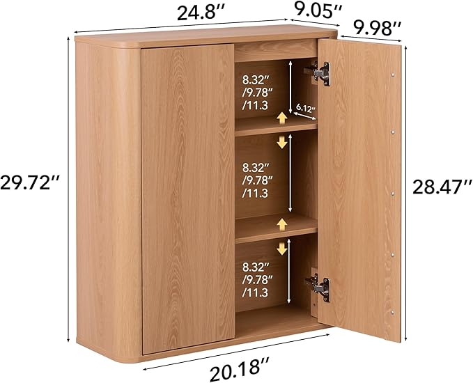 Wall Mounted Storage Cabinet, 2-Door Bathroom Medicine Cabinet with Adjustable Shelves, Modern Wood Hanging Organizer with Rounded Edges for Laundry Room, Kitchen