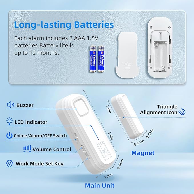 Sanjie Door Alarm with Instant and Delayed Alerts 30s/1min/2min/4min, Door Window Ajar Alarms for Kids Safety/Home Security, Volume 0-120dB, Left Open Alert for Freezer Fridge Home, 3 Sensor