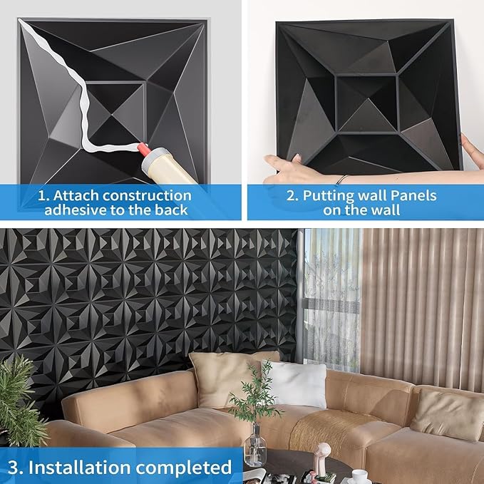 Greymond Black PVC 3D Wall Panels, 33 Pack 11.8''x11.8''Geometric Design for Modern Home Decor Upgrade, Textured Tile Decorative & Paintable for Living Room Lobby Bedroom Hotel Office