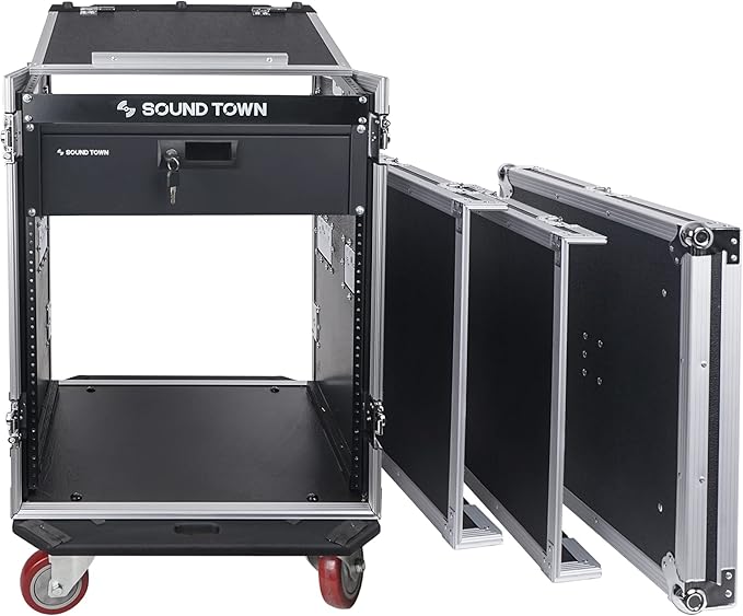 Sound Town Heavy-Duty 1/2" (12mm) Plywood 14U PA DJ Pro Audio Rack/Road ATA Case with 11U Slant Mixer Top, Locking Drawer, 20’’ Rackable Depth and Casters (STMR-14D3)