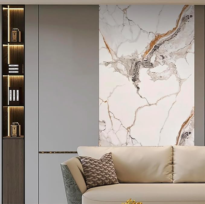 Dundee Deco Faux Marble Wall Panels - Sample - Glossy, Waterproof Indoor Wall Cladding - White, Black, Brown Veins - Sample 6" x 6"