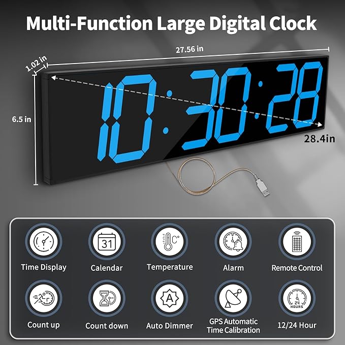 CHKOSDA 28.4''Large Digital Wall Clock,Automic Digital Clock with Alarm,Clendar and Termperature,Auto Time Sync with Easy Operation, Big Gym Timer with Countdown,Countup and Interval Workout(Blue)