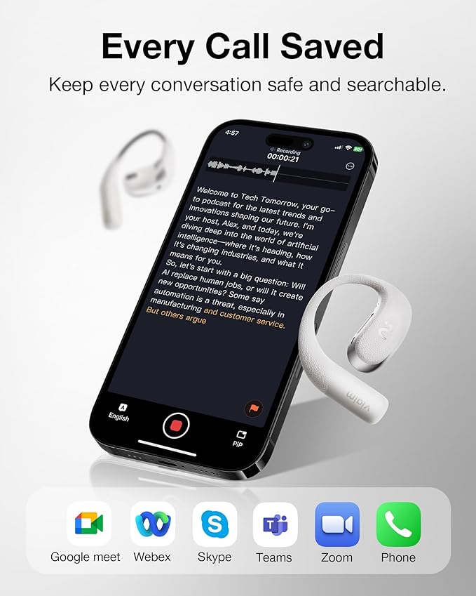 OpenNote AI Voice Recorder – Open Ear Headphones with FlashRecord, Call Recording, Real-Time Transcription, Translation, AI Assistant, for Students, Professionals & Interview Recording, Gray