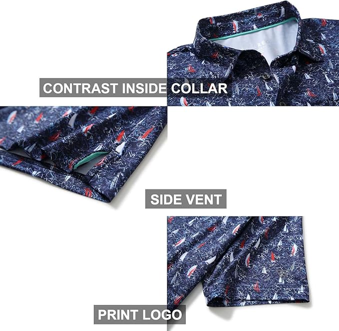Golf Shirts for Men Dry Fit Short Sleeve Print Performance Moisture Wicking Polo Shirt
