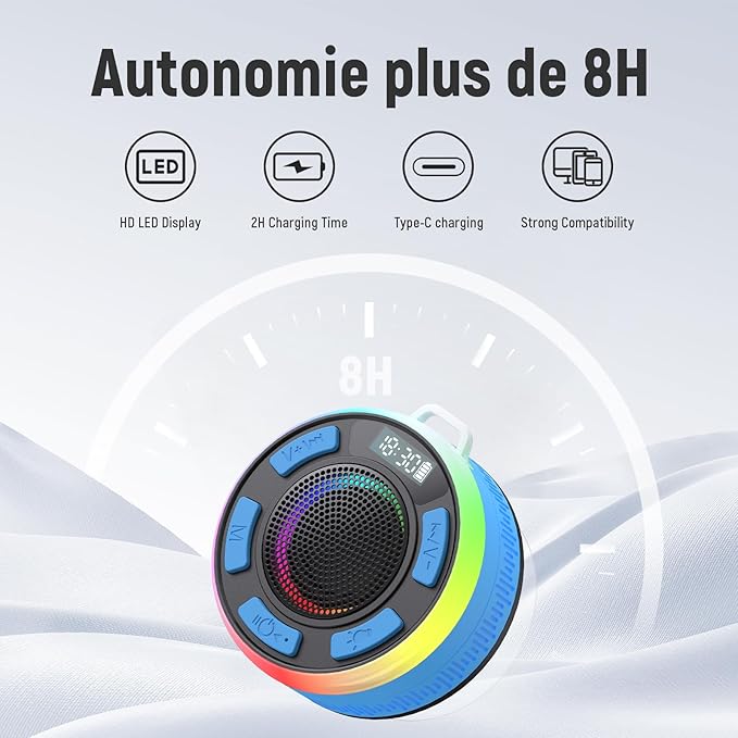 Shower Bluetooth Speaker IPX7 Waterproof, Portable Bluetooth Speakers with Suction Cup and Time Display, Crystal Sound&Bass LED Light 1100mAh, Wireless Shower Speaker for Outdoor/Kayak Dark Blue