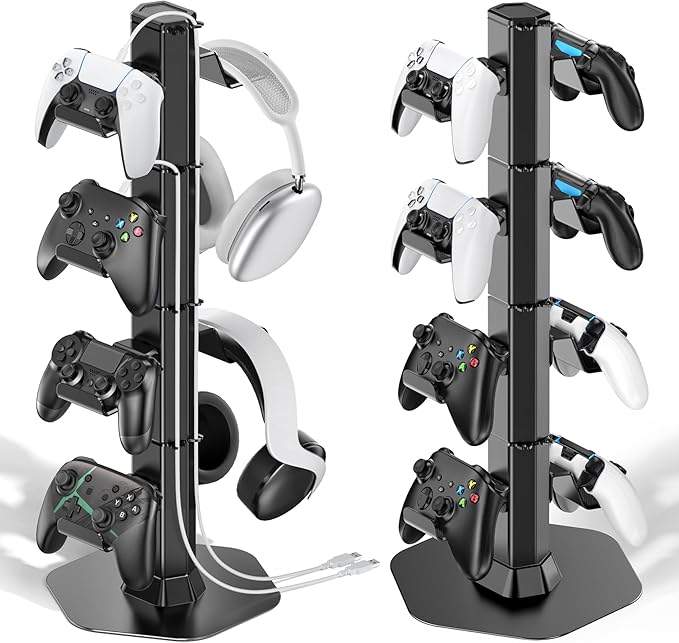 Controller & Headset Holder Stand for Desk, with Charger Cable Organizer Headphone Stand for PS5/ Xbox/ PS4/ Switch, Metal Base Controller Hanger Hook for Storage Earphones, Game Console, Mobile Phone