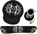 Keyboard Wrist Rest + Mouse Pad Wrist Support Set with Coasters, Moon and Sun with Many Fractal Faces Celestial Energy Mystic Art Wrist Mouse Pad with Non-Slip PU Base for Home Office Working Studying