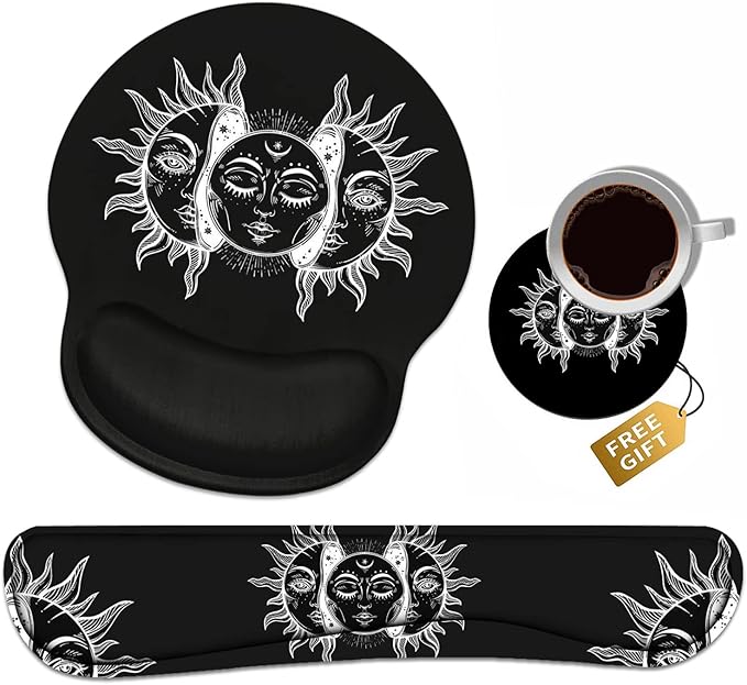Keyboard Wrist Rest + Mouse Pad Wrist Support Set with Coasters, Moon and Sun with Many Fractal Faces Celestial Energy Mystic Art Wrist Mouse Pad with Non-Slip PU Base for Home Office Working Studying