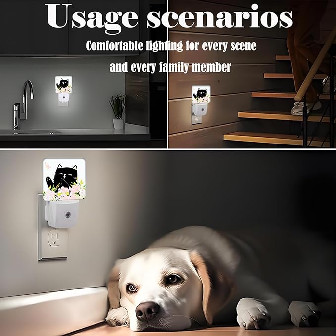 FSHVQKD Black Cat and Flowers Night Light,Plug Into Wall for Boys Girls Bedroom Decorative Square Night Light Lamp 0.5w Sleep Friendly