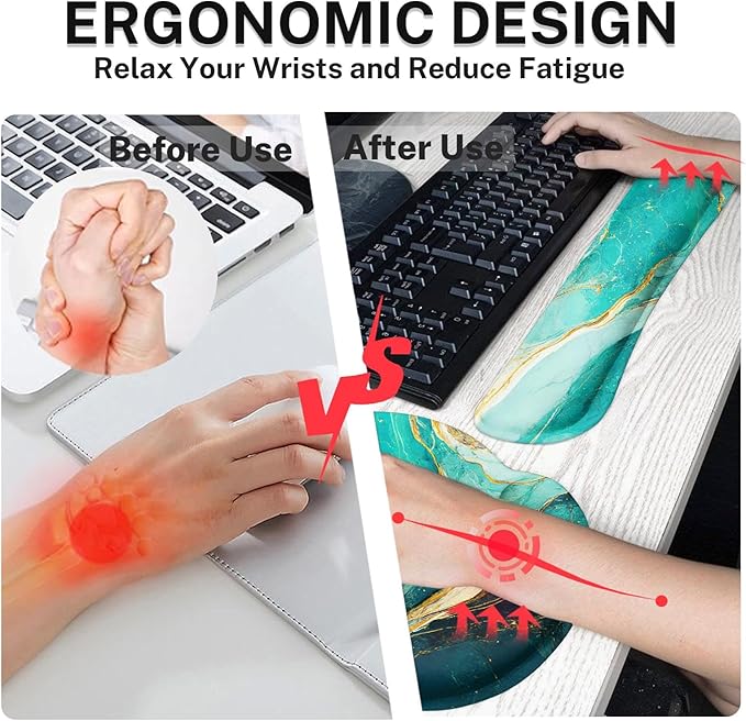 Britimes Green and Gold Marble Keyboard Mouse Pad Set 4in1 Large Mousepad+Keyboard Wrist Rest+Mouse Wrist Rest+Coaster Set with Ergonomic Design for Home Office Computer 35.4x15.7 inches