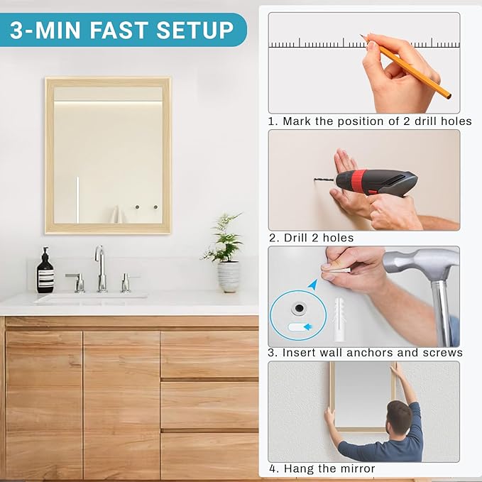 Oak Wood Effect Framed Wall Mirror, 16x20 Rectangle Mirror, 1/8" Anti-desilvering Tempered Glass, Sustainable&Sturdy Frame, Anti-Rust, HD Reflection &3min Fast Setup for Bathroom Living Room
