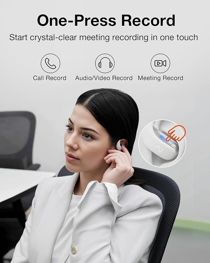 OpenNote AI Voice Recorder – Open Ear Headphones with FlashRecord, Call Recording, Real-Time Transcription, Translation, AI Assistant, for Students, Professionals & Interview Recording, Gray