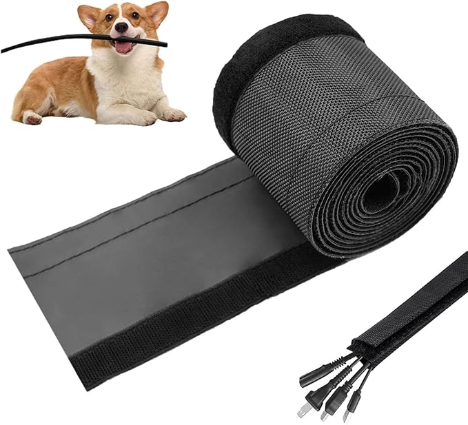 Flauzmann 3/4" - 6.6FT Hook and Loop Cable Sleeve, Dog Cat Cord Protector Waterproof Split Sleeving for USB Computer Office Automotive Audio Cables - Protects Cables from Pets Chewing - Black