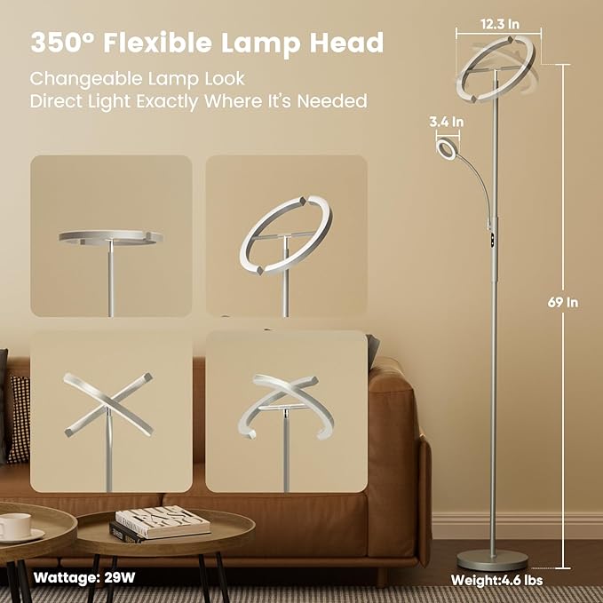 SIBRILLE 2-in-1 Dimmable Floor Lamp with Reading Light - Rotatable Standing Lamp with Remote&Touch Control, Stepless Color Brightness Adustable, Modern Lamp for Living Room Bedroom Office, Silver