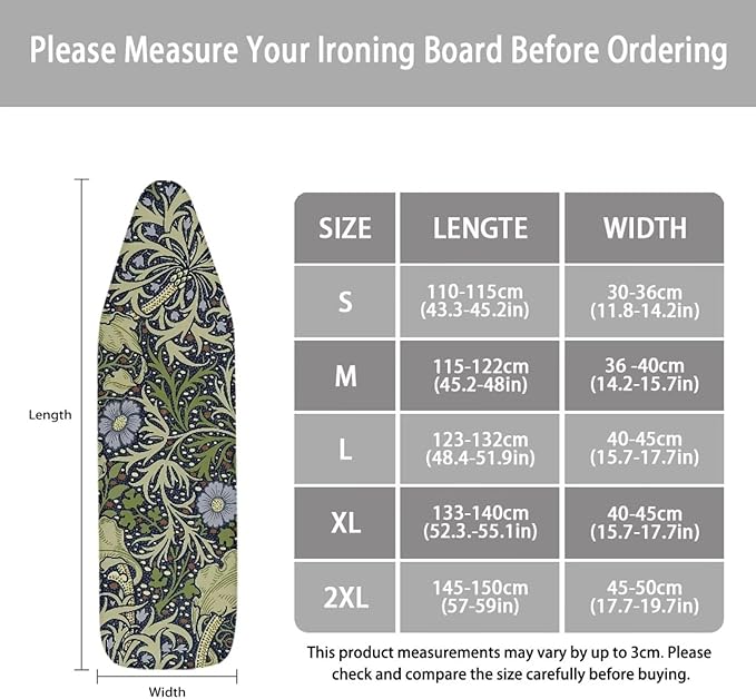 ZCFYGDX William Morris Prints Ironing Board Cover with Elastic Edge 3 Bottom Nylon Buckle Straps Breathable Resist Scorch Staining Suitable for Size-S Iron Board House Oil Paintings Art Decor