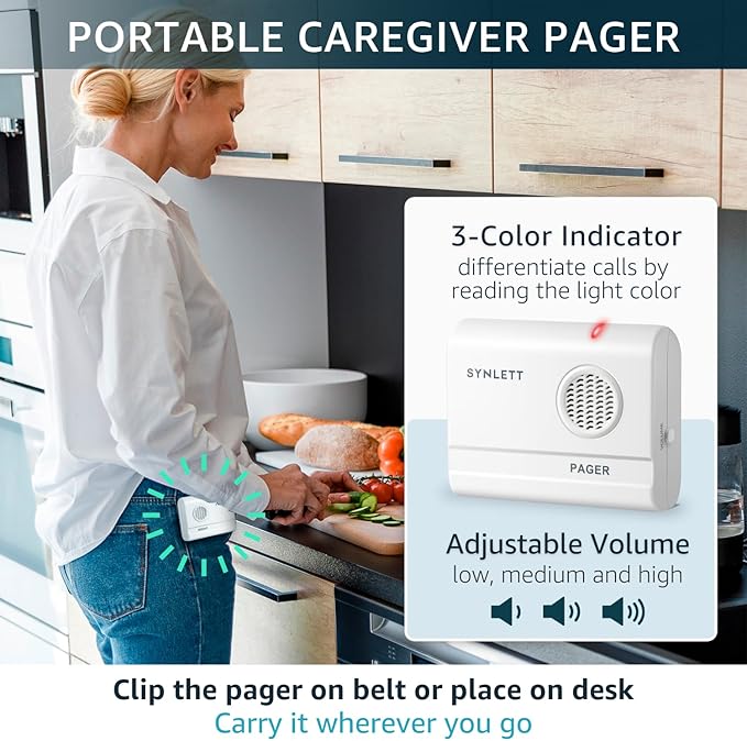 SYNLETT Bed Alarm Caregiver Pager with Wireless Motion Sensor Alarm Indoor Fall Prevention for Elderly Monitoring Seniors Dementia Patients Seniors Home Door Chime