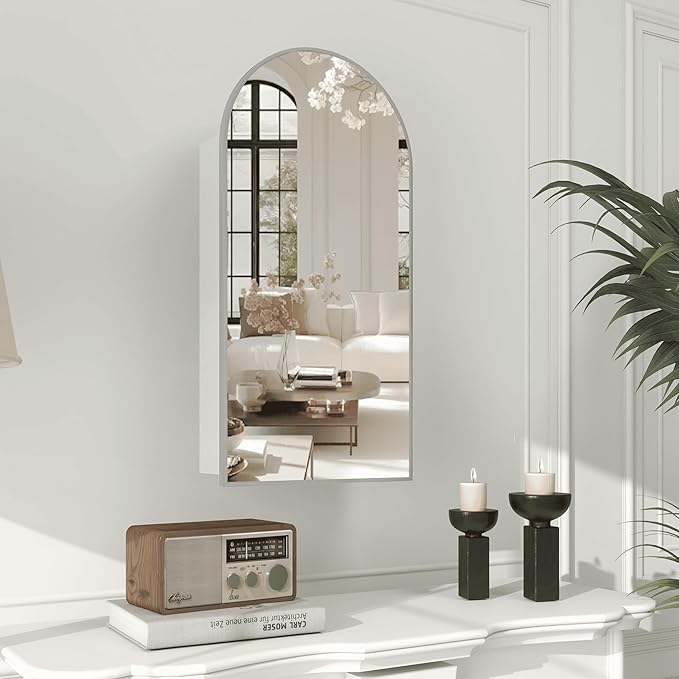 Silver Medicine Cabinet with Arched Mirror, Left or Right Opening, Mirrored Medicine Cabinet Wall Mounted, Bathroom Vanity Mirror with Storage, Adjustable Shelves, Not Recessed, 16x32 inch