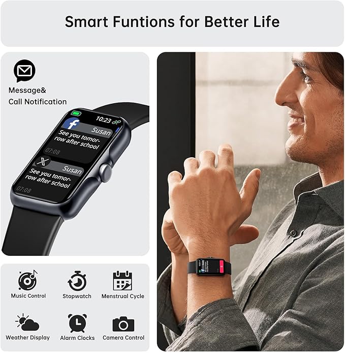 Sunorshop Health Fitness Tracker, Smart Watch with 24/7 Heart Rate and Blood Oxygen Monitor, Sleep Tracker with IP68 Waterproof, Activity Tracker Pedometer Step Counter for Women Men (Deep Black)