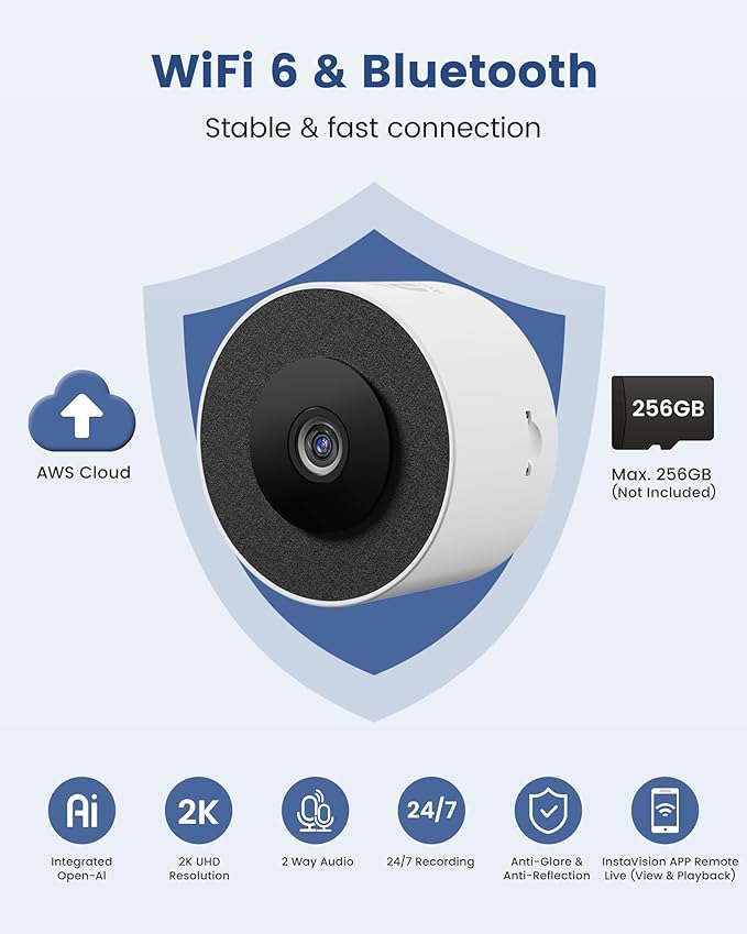 AKINGUAR 3MP 2K Window Camera, 2.4GHz WiFi Indoor Camera for Home Security, with Full-Color Night Vision, Person & Motion Detection, 2 Way Audio, 24/7 Recording, Easy Set Up, 2 Packs