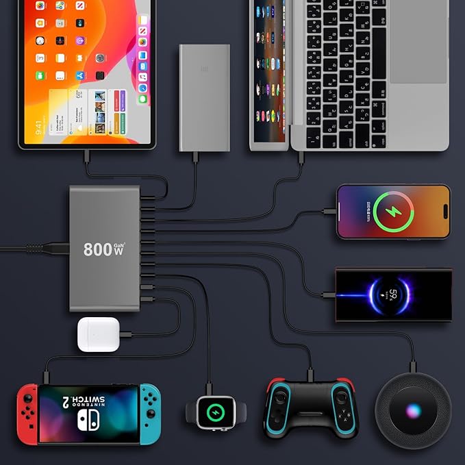 800W USB-C Charging Station GaN III 10-Port & 6.6ft 240W Cable, Compatible with iPhone, ipad, Samsung, Pixel, MacBook and Notebook etc.