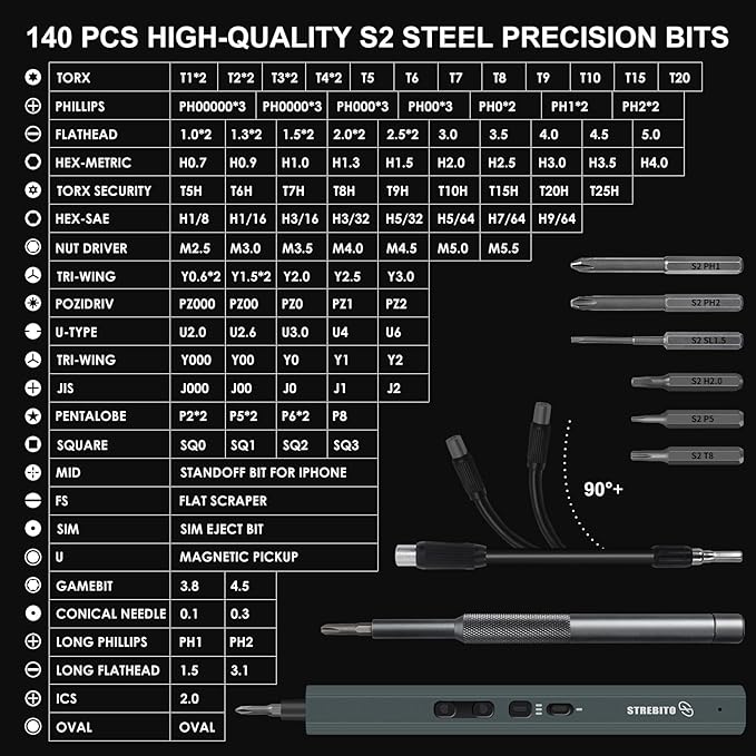 STREBITO Mini Electric Screwdriver Set 155 in 1 Small Electric Screwdriver Cordless, 140 S2 Magnetic Bits, 3 Torque Settings, 650mAh Battery, Precision Electric Screwdriver Kit for Computer Laptop RC