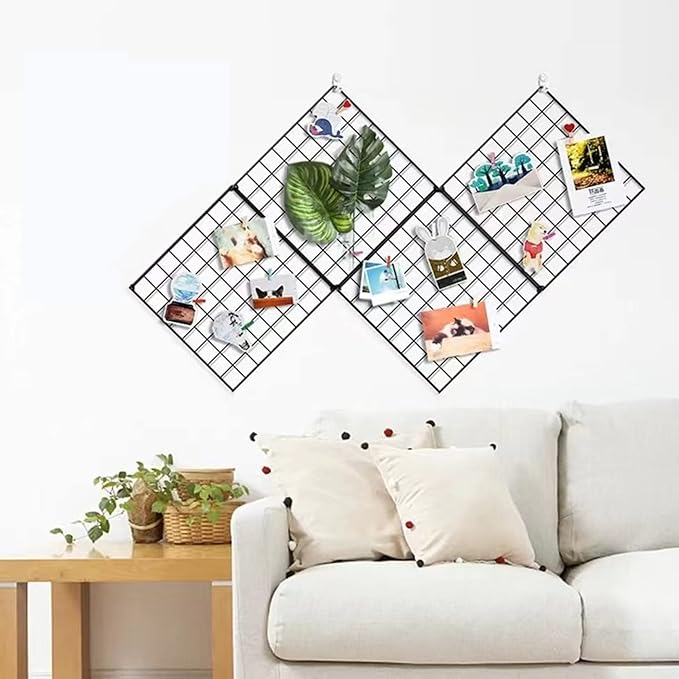 Feadily 4 Pack Metal Grid Wall Board, Photos & Pictures Display Board, DIY Home & Office Wall Decor, 13.8 Inch 13.8 Inch (Black)