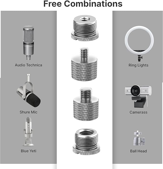 IXTECH Mic Stand Adapter Set 8 pieces Metal Microphone Stand Screw Thread Adapter 5/8 Female to 3/8 Male 3/8 Female to 5/8 Male 5/8 Female to 1/4 Male 1/4 Female to 5/8 Male Tripod Adapter ADP01A Slvr
