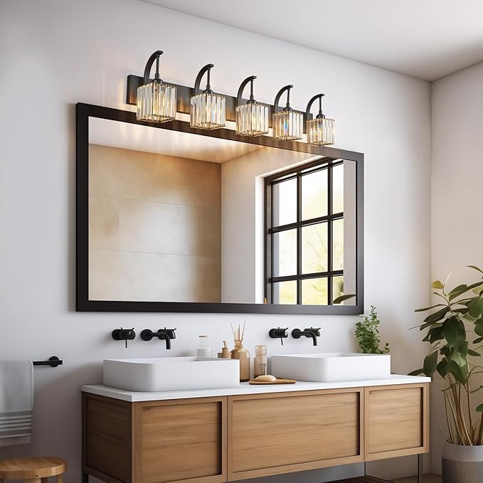FDPBY 5-Light Crystal Vanity Light, Modern Black Bathroom Wall Sconce with K9 Crystal Shades, 42.51" Long Over Mirror Lighting for Vanity, Makeup, Hallway, Elegant & Easy Installation
