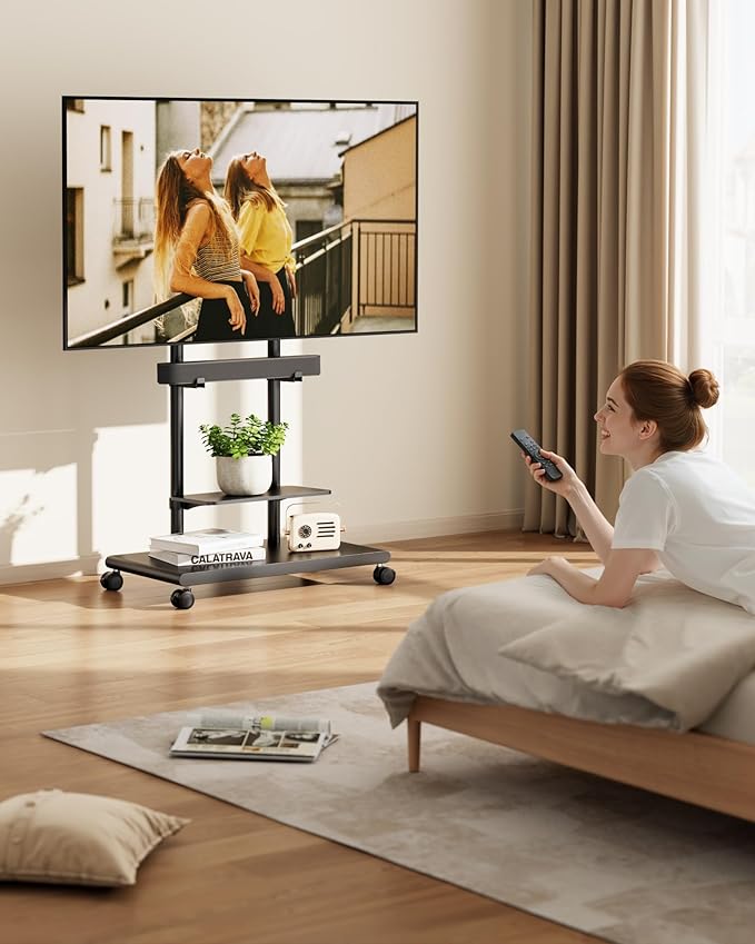 ECOTINY Steel Base Rolling TV Stand with Soundbar Mount for 50-90 inch TVs up to 154lbs, Swivel&Tilt Mobile TV Stand with Large Storage, Height Adjustable Heavy-Duty TV Cart, Max VESA 600x400mm, Black