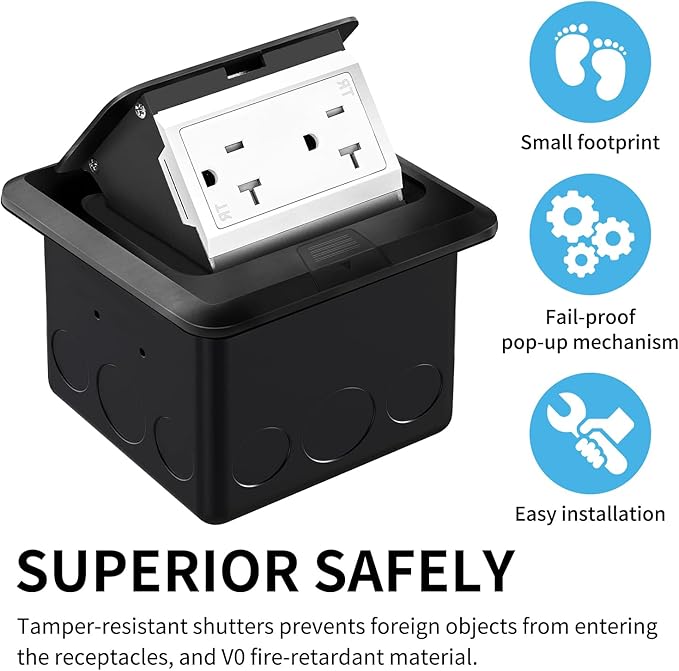 Vagueior Recessed Floor Electrical Outlet Kit,Waterproof Electrical Outlet Covcer Box,Hidden 20A Tamper-Resistant Receptacle Outlet with Slow Elastic Damping，ETL Certified,Black(2 Pack)
