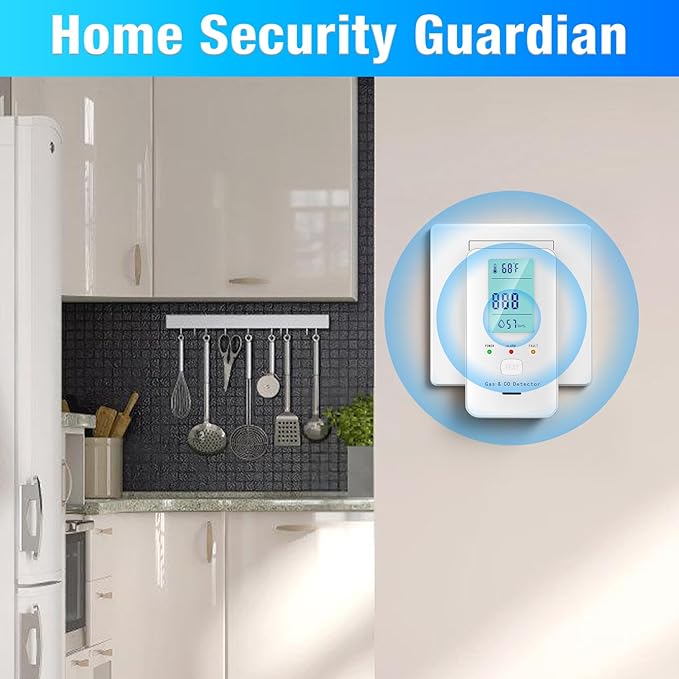 4in1 Combustible Natural Gas & Carbon Monoxide Detector, CO Leak Detector Home Air Quality Monitor with Digital Display for Temperature and Humidity, Kitchen & RV Alarm (Black)