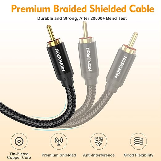 HOSONGIN RCA Y Splitter Cable, 1 Male to 2 Male Audio Cables (2 Pack), 12 Inch, 24K Gold-Plated, Cotton Braided, Shielded Subwoofer Cable for Amplifiers, TV, Home Theater, Hi-Fi Systems
