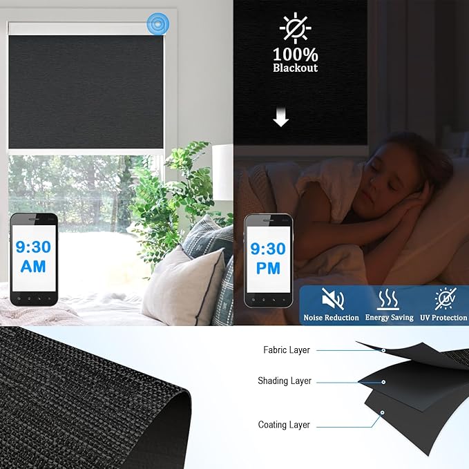 COOLWINDS Motorized Blinds with Remote Cordless Automatic Motorized Shades Custom Blinds for Windows Smart Curtains Compatible with Alexa Google Home(Blackout Jacquard Black,W60 x H72in)