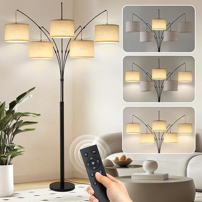 Fansdrick Floor Lamps for Living Room, 4000LM Super Bright Arc Floor Lamp with Remote Control, 5 Light Tall Floor Lamps with Stepless Dimmable, 80" Mid Century Tree Floor Lamp for Bedroom, Office