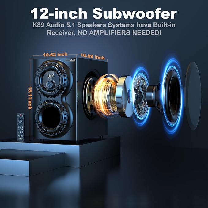 Bobtot Home Theater Sound System 5.1 Surround Sound Systems - 1400 Watts Peak Power 12" Subwoofer Strong Bass 5.1 Wired Home Audio Stereo Sound with Bluetooth ARC Optical Input for TV