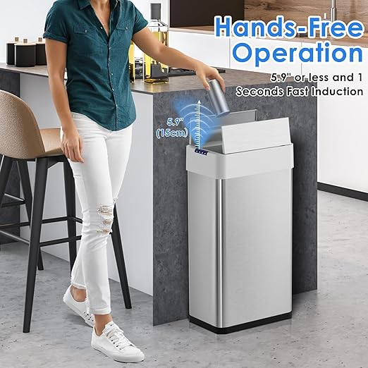 Arlopu 21.1 Gal Automatic Trash Can, 80L Stainless Steel Motion Sensor Garbage Bin, Touchless Brushed Wastebasket, W/Butterfly, Soft-Close Lid, for Living, Dinning Room, Kitchen (Silver)