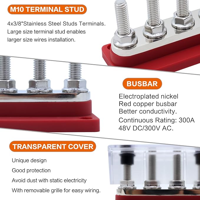 AMOMD 300A Bus Bars 4 Terminal Studs (3/8 inch) M10 Nickel Plated Copper Distribution Block Negative Electrical Buss Bars 12-48 V DC with Cover for Trailer Marine Boat Car RV (Red)
