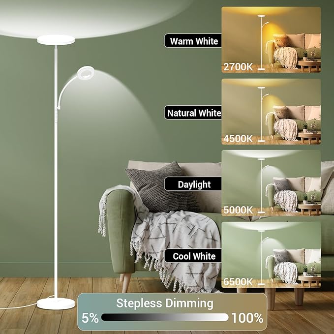marctronic White Floor Lamp, 42W 4000LM Super Bright LED Room Lamp with Adjustable Reading Light,Dimmable Modern Standing Lamp with Remote & Touch Control for Room Bedroom Office Floor Light