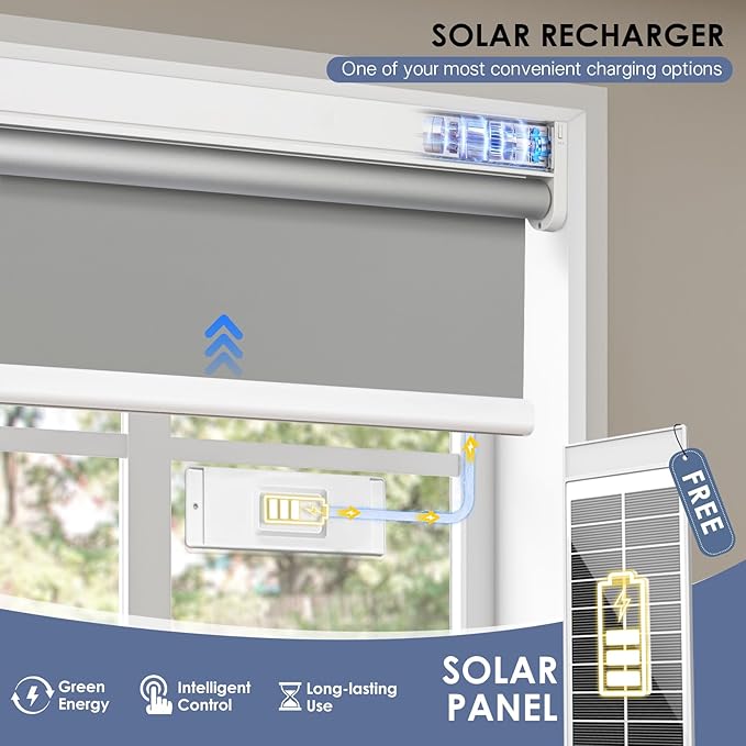 Motorized Roller Blinds with Remote Control & Solar Panel - 100% Blackout Smart Blinds, Automatic, Cordless, Electric Shades - Compatible with Alexa - Grey, 31" W x 72" H