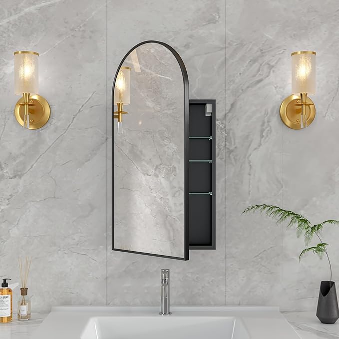 16 x 32 Black Bathroom Medicine Cabinet with Mirror,Arched Medicine Cabinet with Mirror,Assembly Required,Bathroom Mirror with Storage,Wall Mounted Medicine Cabinets with Adjustable Shelves