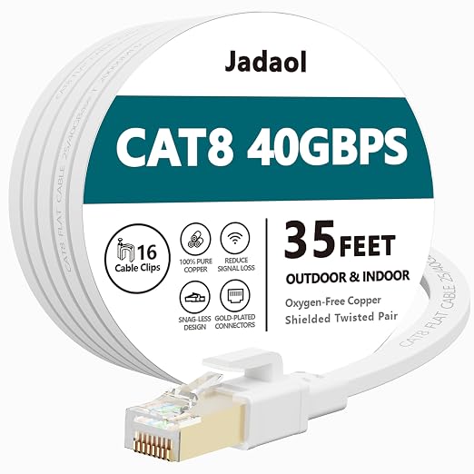 Jadaol Cat 8 Ethernet Cable 35 ft, 40Gbps 2000MHz Flat RJ45 S/FTP LAN Patch by Jadaol