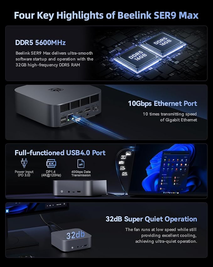 Beelink SER9 Max Mini PC AMD Ryzen 7 H 255 (8C/16T, up to 4.9GHz), 32GB DDR5 RAM 1TB PCle4.0 SSD, Radeon 780M Graphics, USB4.0/ Triple Display/ WiFi6/ BT5.2/10Gbps LAN Mini Computer