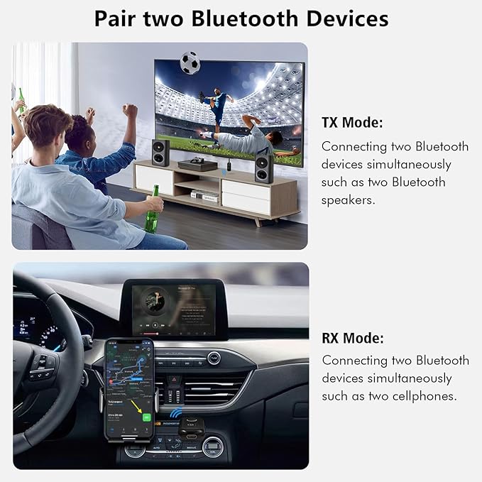 Bluetooth 5.2 Audio Transmitter Receiver for TV, Bluetooth Transmitter for Headphones, 2 BT Devices Connections, 3.5mm Jack Aux Airplane Headphone Adapter for Car/Home Stereo, Black